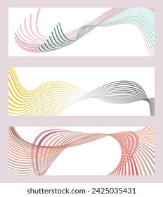 Wavy lines or ribbons. Set of 3 backgrounds. Multicolored striped gradient. Creative unusual background with abstract gradient wave lines to create a trendy banner, poster. vector eps