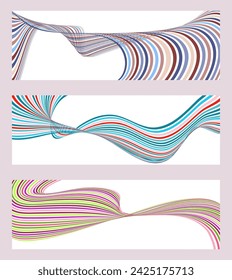 Wavy lines or ribbons. Set of 3 backgrounds. Multicolored striped gradient. Creative unusual background with abstract gradient wave lines to create a trendy banner, poster. vector eps