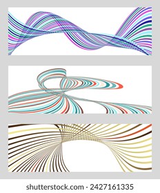 Wavy lines or ribbons. Set of 3 backgrounds. Multicolored striped gradient. Creative unusual background with abstract gradient wave lines to create a trendy banner, poster. vector eps