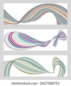 Wavy lines or ribbons. Set of 3 backgrounds. Multicolored striped gradient. Creative unusual background with abstract gradient wave lines to create a trendy banner, poster. vector eps