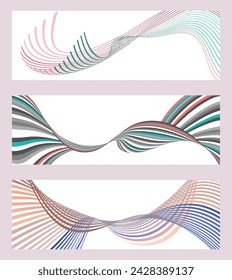 Wavy lines or ribbons. Set of 3 backgrounds. Multicolored striped gradient. Creative unusual background with abstract gradient wave lines to create a trendy banner, poster. vector eps