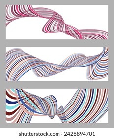 Wavy lines or ribbons. Set of 3 backgrounds. Multicolored striped gradient. Creative unusual background with abstract gradient wave lines to create a trendy banner, poster. vector eps