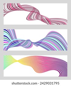 Wavy lines or ribbons. Set of 3 backgrounds. Multicolored striped gradient. Creative unusual background with abstract gradient wave lines to create a trendy banner, poster. vector eps