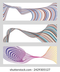 Wavy lines or ribbons. Set of 3 backgrounds. Multicolored striped gradient. Creative unusual background with abstract gradient wave lines to create a trendy banner, poster. vector eps