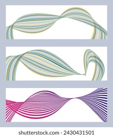 Wavy lines or ribbons. Set of 3 backgrounds. Multicolored striped gradient. Creative unusual background with abstract gradient wave lines to create a trendy banner, poster. vector eps
