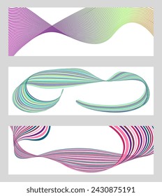 Líneas onduladas o cintas. Conjunto de 3 fondos. Degradado de rayas multicolores. Fondo creativo inusual con líneas de onda de gradiente abstracto para crear un banner de moda, cartel.