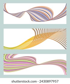 Wavy lines or ribbons. Set of 3 backgrounds. Multicolored striped gradient. Creative unusual background with abstract gradient wave lines to create a trendy banner, poster. vector eps