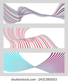 Wavy lines or ribbons. Set of 3 backgrounds. Multicolored striped gradient. Creative unusual background with abstract gradient wave lines to create a trendy banner, poster. vector eps