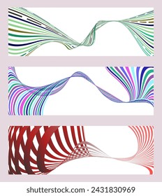 Wavy lines or ribbons. Set of 3 backgrounds. Multicolored striped gradient. Creative unusual background with abstract gradient wave lines to create a trendy banner, poster. vector eps