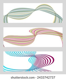 Wavy lines or ribbons. Set of 3 backgrounds. Multicolored striped gradient. Creative unusual background with abstract gradient wave lines to create a trendy banner, poster. vector eps
