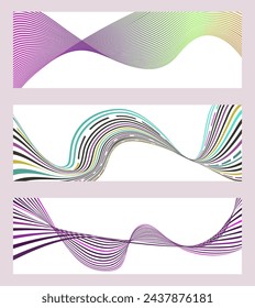 Wavy lines or ribbons. Set of 3 backgrounds. Multicolored striped gradient. Creative unusual background with abstract gradient wave lines to create a trendy banner, poster. vector eps