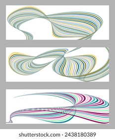 Wavy lines or ribbons. Set of 3 backgrounds. Multicolored striped gradient. Creative unusual background with abstract gradient wave lines to create a trendy banner, poster. vector eps