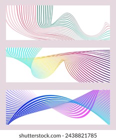 Líneas onduladas o cintas. Conjunto de 3 fondos. Degradado de rayas multicolores. Fondo creativo inusual con líneas de onda de gradiente abstracto para crear un banner de moda, cartel.