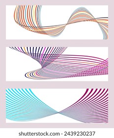Wavy lines or ribbons. Set of 3 backgrounds. Multicolored striped gradient. Creative unusual background with abstract gradient wave lines to create a trendy banner, poster. vector eps