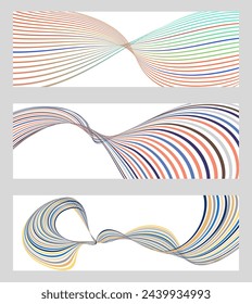 Líneas onduladas o cintas. Conjunto de 3 fondos. Degradado de rayas multicolores. Fondo creativo inusual con líneas de onda de gradiente abstracto para crear un banner de moda, cartel.