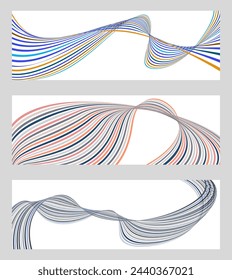 Wavy lines or ribbons. Set of 3 backgrounds. Multicolored striped gradient. Creative unusual background with abstract gradient wave lines to create a trendy banner, poster. vector eps