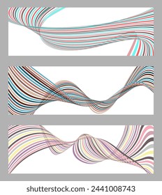Wavy lines or ribbons. Set of 3 backgrounds. Multicolored striped gradient. Creative unusual background with abstract gradient wave lines to create a trendy banner, poster. vector eps