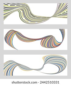 Wavy lines or ribbons. Set of 3 backgrounds. Multicolored striped gradient. Creative unusual background with abstract gradient wave lines to create a trendy banner, poster. vector eps