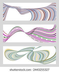 Wavy lines or ribbons. Set of 3 backgrounds. Multicolored striped gradient. Creative unusual background with abstract gradient wave lines to create a trendy banner, poster. vector eps
