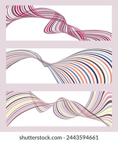 Líneas onduladas o cintas. Conjunto de 3 fondos. Degradado de rayas multicolores. Fondo creativo inusual con líneas de onda de gradiente abstracto para crear un banner de moda, cartel.