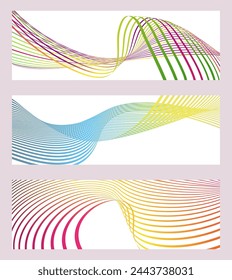 Wellenlinien oder -bänder. Satz von 3 Hintergründen. Mehrfarbiger Streifenverlauf. Kreativer ungewöhnlicher Hintergrund mit abstrakten Gradienten-Wellenlinien, um ein trendiges Banner, Poster zu schaffen.