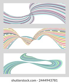 Wavy lines or ribbons. Set of 3 backgrounds. Multicolored striped gradient. Creative unusual background with abstract gradient wave lines to create a trendy banner, poster. vector eps