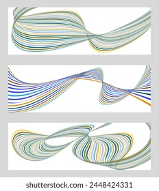 Wavy lines or ribbons. Set of 3 backgrounds. Multicolored striped gradient. Creative unusual background with abstract gradient wave lines to create a trendy banner, poster. vector eps