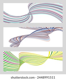 Líneas onduladas o cintas. Conjunto de 3 fondos. Degradado de rayas multicolores. Fondo creativo inusual con líneas de onda de gradiente abstracto para crear un Anuncio de moda, cartel. eps de Vector