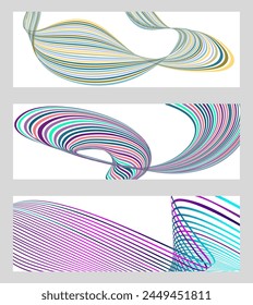 Wavy lines or ribbons. Set of 3 backgrounds. Multicolored striped gradient. Creative unusual background with abstract gradient wave lines to create a trendy banner, poster. vector eps