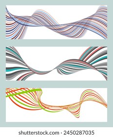 Wavy lines or ribbons. Set of 3 backgrounds. Multicolored striped gradient. Creative unusual background with abstract gradient wave lines to create a trendy banner, poster. vector eps