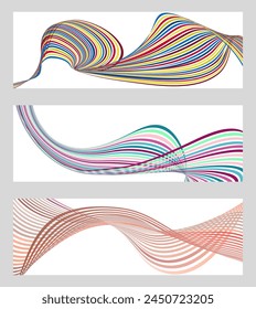 Líneas onduladas o cintas. Conjunto de 3 fondos. Degradado de rayas multicolores. Fondo creativo inusual con líneas de onda de gradiente abstracto para crear un Anuncio de moda, cartel. eps de Vector