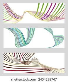 Wavy lines or ribbons. Set of 3 backgrounds. Multicolored striped gradient. Creative unusual background with abstract gradient wave lines to create a trendy banner, poster. vector eps