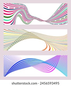 Wavy lines or ribbons. Set of 3 backgrounds. Multicolored striped gradient. Creative unusual background with abstract gradient wave lines to create a trendy banner, poster. vector eps