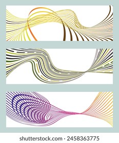 Wavy lines or ribbons. Set of 3 backgrounds. Multicolored striped gradient. Creative unusual background with abstract gradient wave lines to create a trendy banner, poster. vector eps