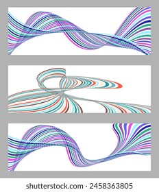 Wavy lines or ribbons. Set of 3 backgrounds. Multicolored striped gradient. Creative unusual background with abstract gradient wave lines to create a trendy banner, poster. vector eps