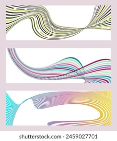 Wavy lines or ribbons. Set of 3 backgrounds. Multicolored striped gradient. Creative unusual background with abstract gradient wave lines to create a trendy banner, poster. vector eps