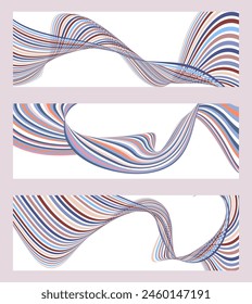 Wavy lines or ribbons. Set of 3 backgrounds. Multicolored striped gradient. Creative unusual background with abstract gradient wave lines to create a trendy banner, poster. vector eps