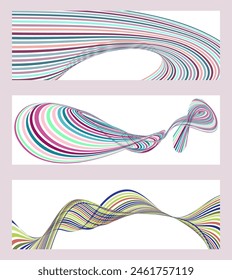 Líneas onduladas o cintas. Conjunto de 3 fondos. Degradado de rayas multicolores. Fondo creativo inusual con líneas de onda de gradiente abstracto para crear un Anuncio de moda, cartel. eps de Vector