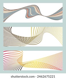 Líneas onduladas o cintas. Conjunto de 3 fondos. Degradado de rayas multicolores. Fondo creativo inusual con líneas de onda de gradiente abstracto para crear un Anuncio de moda, cartel. eps de Vector