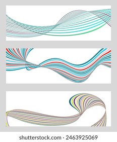 Líneas onduladas o cintas. Conjunto de 3 fondos. Degradado de rayas multicolores. Fondo creativo inusual con líneas de onda de gradiente abstracto para crear un Anuncio de moda, cartel. eps de Vector