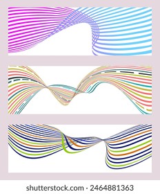 Wavy lines or ribbons. Set of 3 backgrounds. Multicolored striped gradient. Creative unusual background with abstract gradient wave lines to create a trendy banner, poster. vector eps