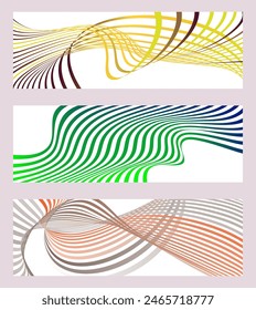 Wellenlinien oder -bänder. Satz von 3 Hintergründen. Mehrfarbiger Streifenverlauf. Kreativer ungewöhnlicher Hintergrund mit abstrakten Gradientenwellenlinien, um einen trendigen Banner, ein Poster zu schaffen. Vektorgrafik eps
