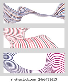 Wavy lines or ribbons. Set of 3 backgrounds. Multicolored striped gradient. Creative unusual background with abstract gradient wave lines to create a trendy banner, poster. vector eps