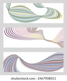 Líneas onduladas o cintas. Conjunto de 3 fondos. Degradado de rayas multicolores. Fondo creativo inusual con líneas de onda de gradiente abstracto para crear un Anuncio de moda, cartel. eps de Vector