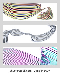 Wavy lines or ribbons. Set of 3 backgrounds. Multicolored striped gradient. Creative unusual background with abstract gradient wave lines to create a trendy banner, poster. vector eps