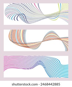 Wavy lines or ribbons. Set of 3 backgrounds. Multicolored striped gradient. Creative unusual background with abstract gradient wave lines to create a trendy banner, poster. vector eps