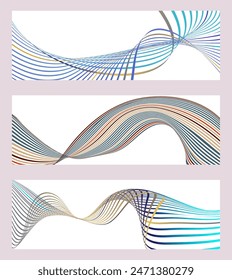 Wavy lines or ribbons. Set of 3 backgrounds. Multicolored striped gradient. Creative unusual background with abstract gradient wave lines to create a trendy banner, poster. vector eps