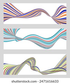 Wavy lines or ribbons. Set of 3 backgrounds. Multicolored striped gradient. Creative unusual background with abstract gradient wave lines to create a trendy banner, poster. vector eps