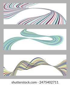 Wavy lines or ribbons. Set of 3 backgrounds. Multicolored striped gradient. Creative unusual background with abstract gradient wave lines to create a trendy banner, poster. vector eps