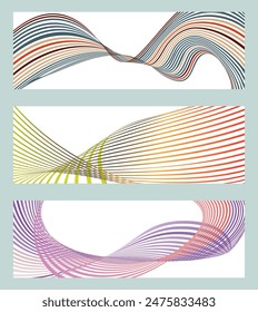 Wavy lines or ribbons. Set of 3 backgrounds. Multicolored striped gradient. Creative unusual background with abstract gradient wave lines to create a trendy banner, poster. vector eps